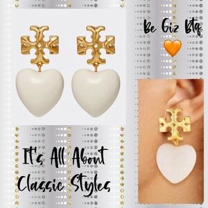 🆕Tory Burch Authentic Roxanne Gold-Tone & Resin Heart Earrings In Ivory White
